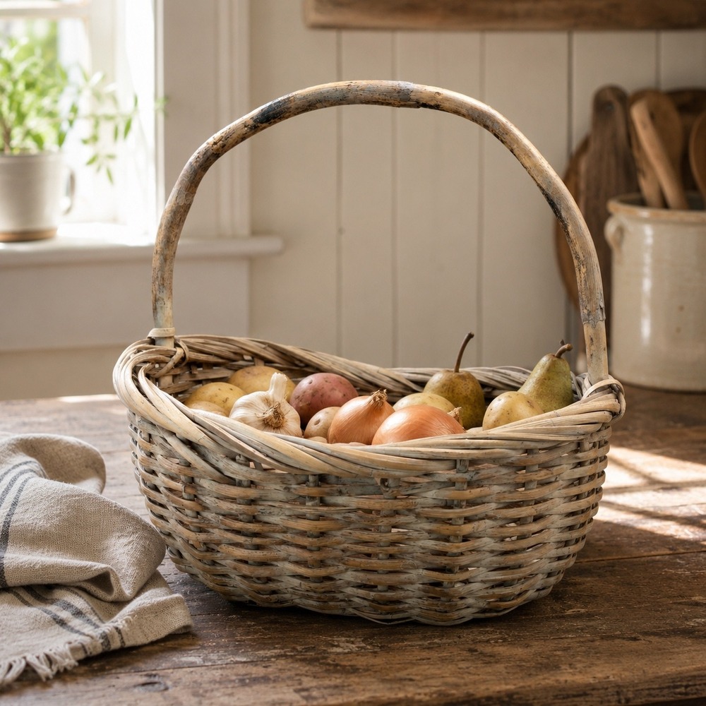Vintage Gathering Basket Wicker Produce Basket English Cottage Decor 1980s